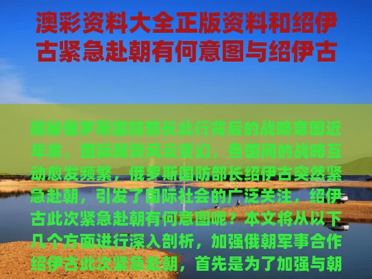 澳彩资料大全正版资料	和绍伊古紧急赴朝有何意图与绍伊古对华态度