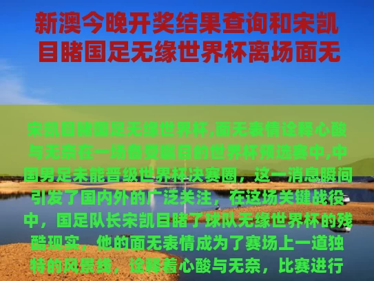 新澳今晚开奖结果查询和宋凯目睹国足无缘世界杯离场面无表情与宋凯是谁