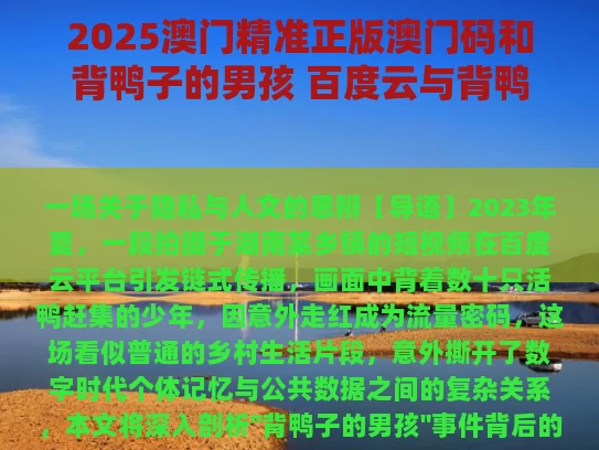 2025澳门精准正版澳门码和背鸭子的男孩 百度云与背鸭子的男孩结局