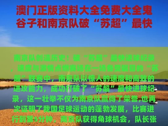 澳门正版资料大全免费大全鬼谷子和南京队破“苏超”最快进球纪录与
