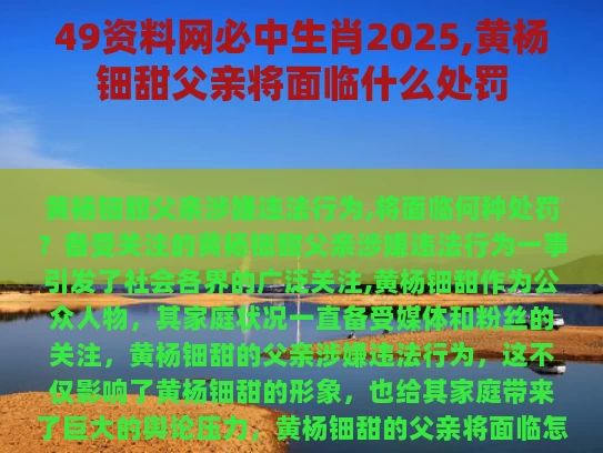 49资料网必中生肖2025,黄杨钿甜父亲将面临什么处罚